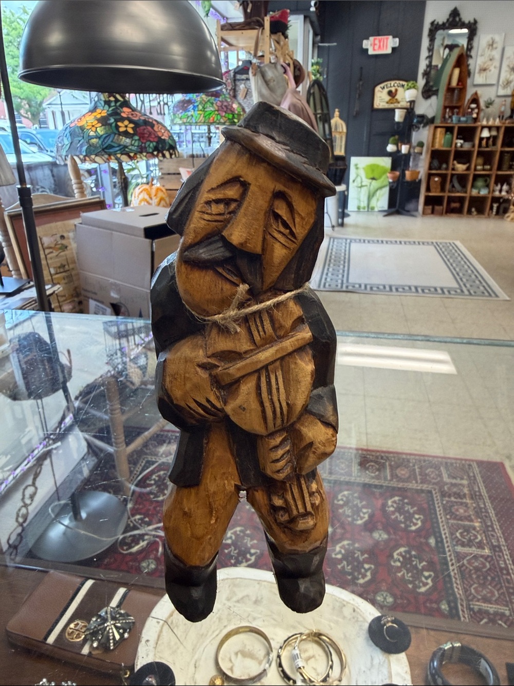 Hand-Carved Wooden Musician Figurine - Brown and Black